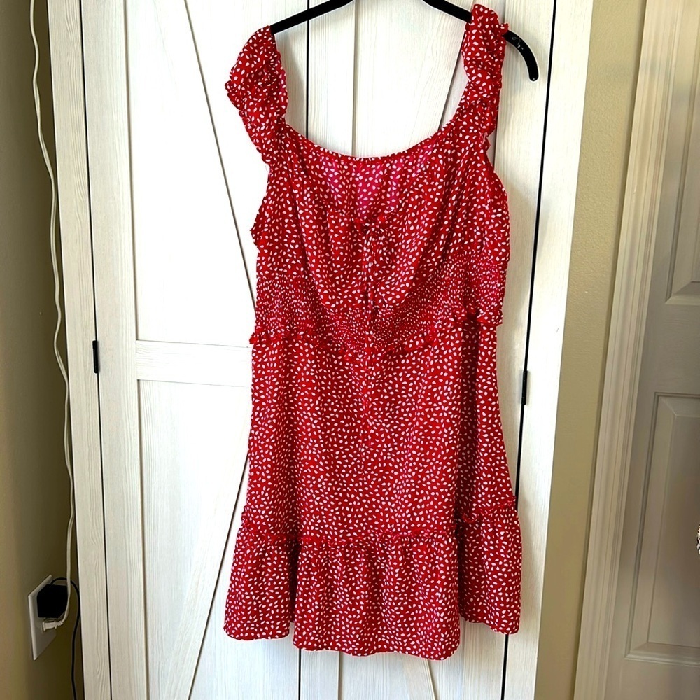 No Brand Summer Ruffle Sweetheart Neckline Red/White Polka Dot Mini Dress